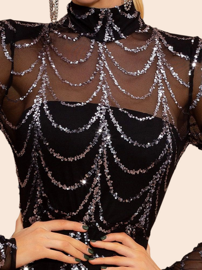 My Store Midnight Cascade Sequin Maxi Dress featuring black sheer mesh with intricate silver sequin draped patterns.