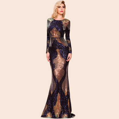 My Store Midnight Illusion sequin maxi dress with long sleeves and geometric gold and navy blue pattern