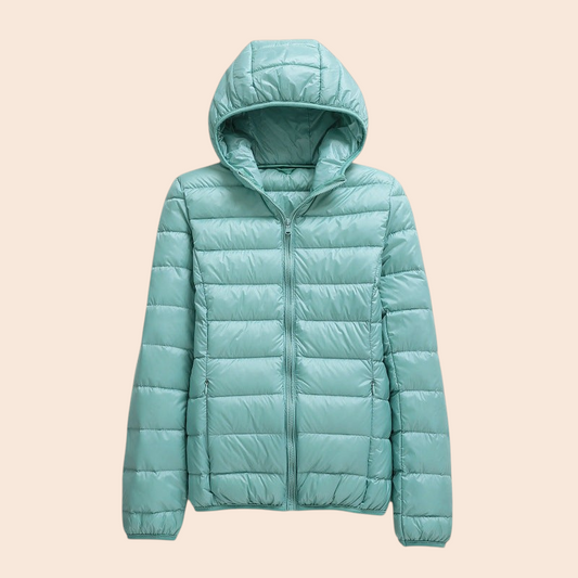 My Store lightweight hooded puffer jacket in a soft mint green featuring a quilted design and zip-front closure.