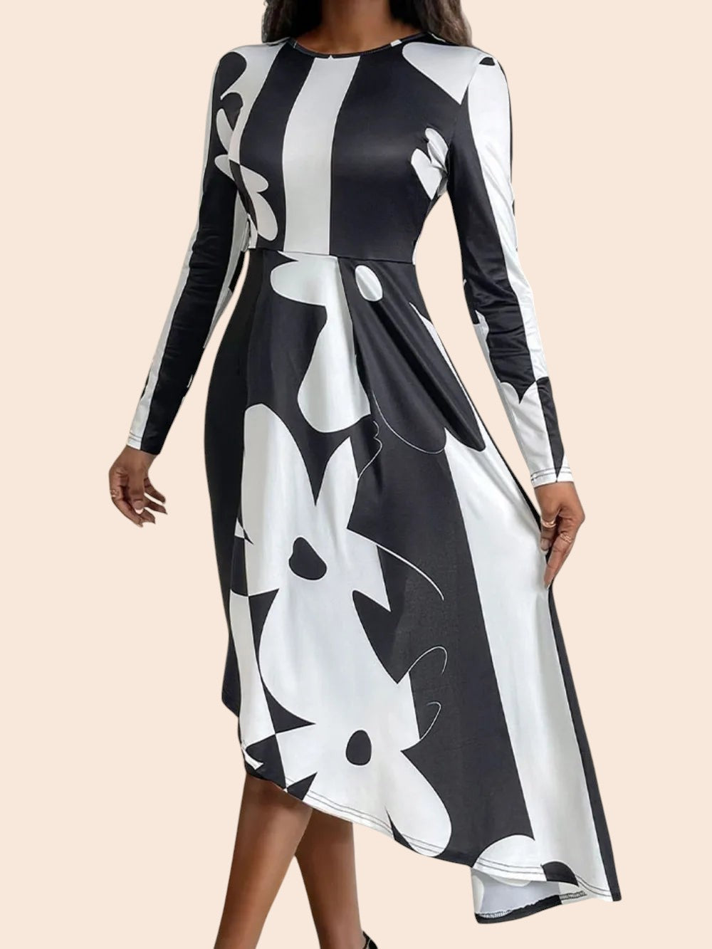 My Store monochrome midi dress with bold abstract print, long sleeves, and an asymmetric draped overlay.
