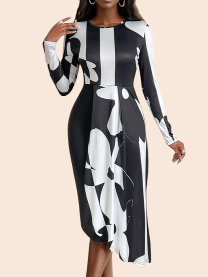 My Store monochrome midi dress with abstract print, long sleeves, and an asymmetric draped overlay on a model