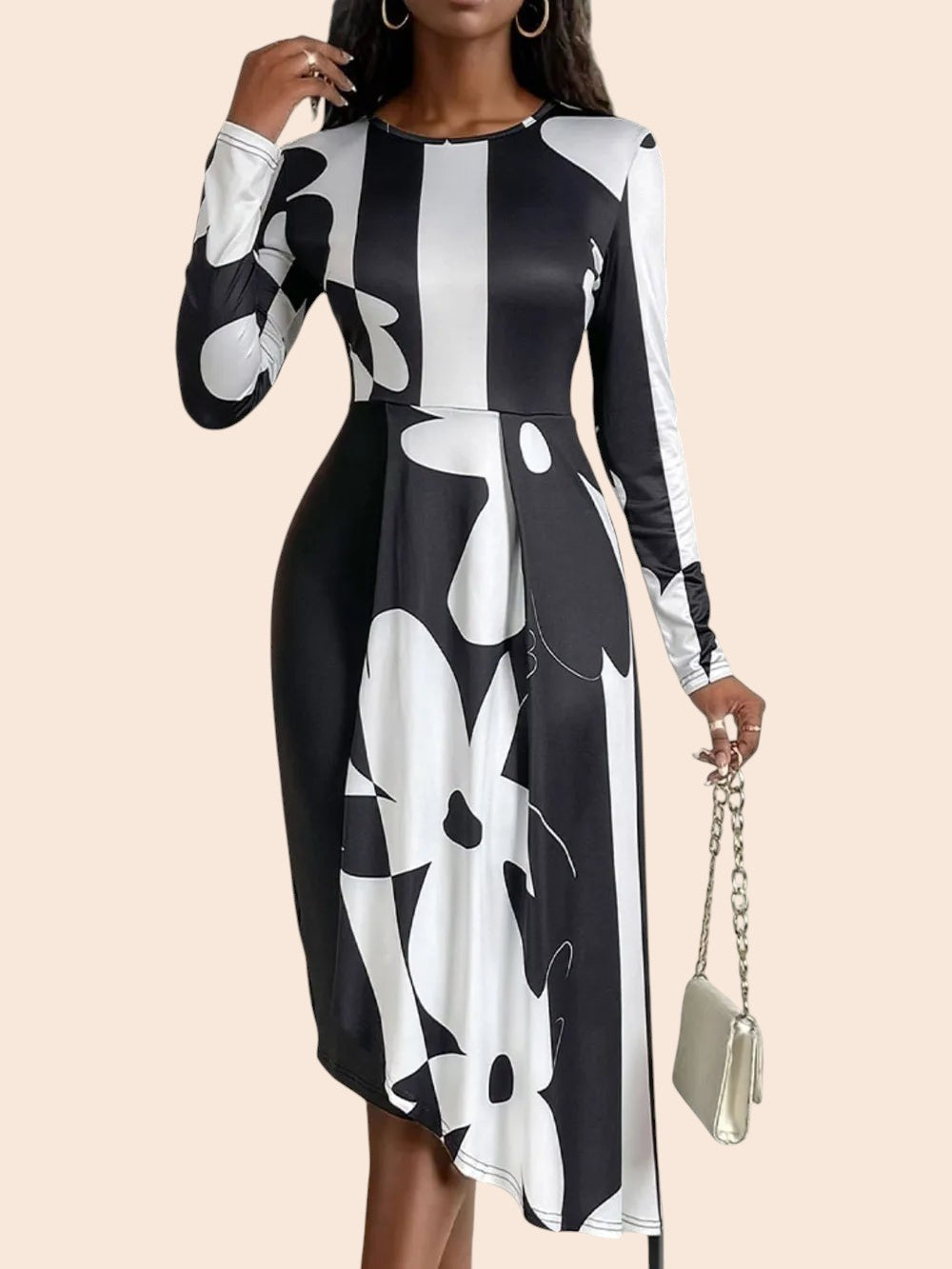 My Store monochrome abstract print midi dress with long sleeves and an asymmetric draped overlay on a model