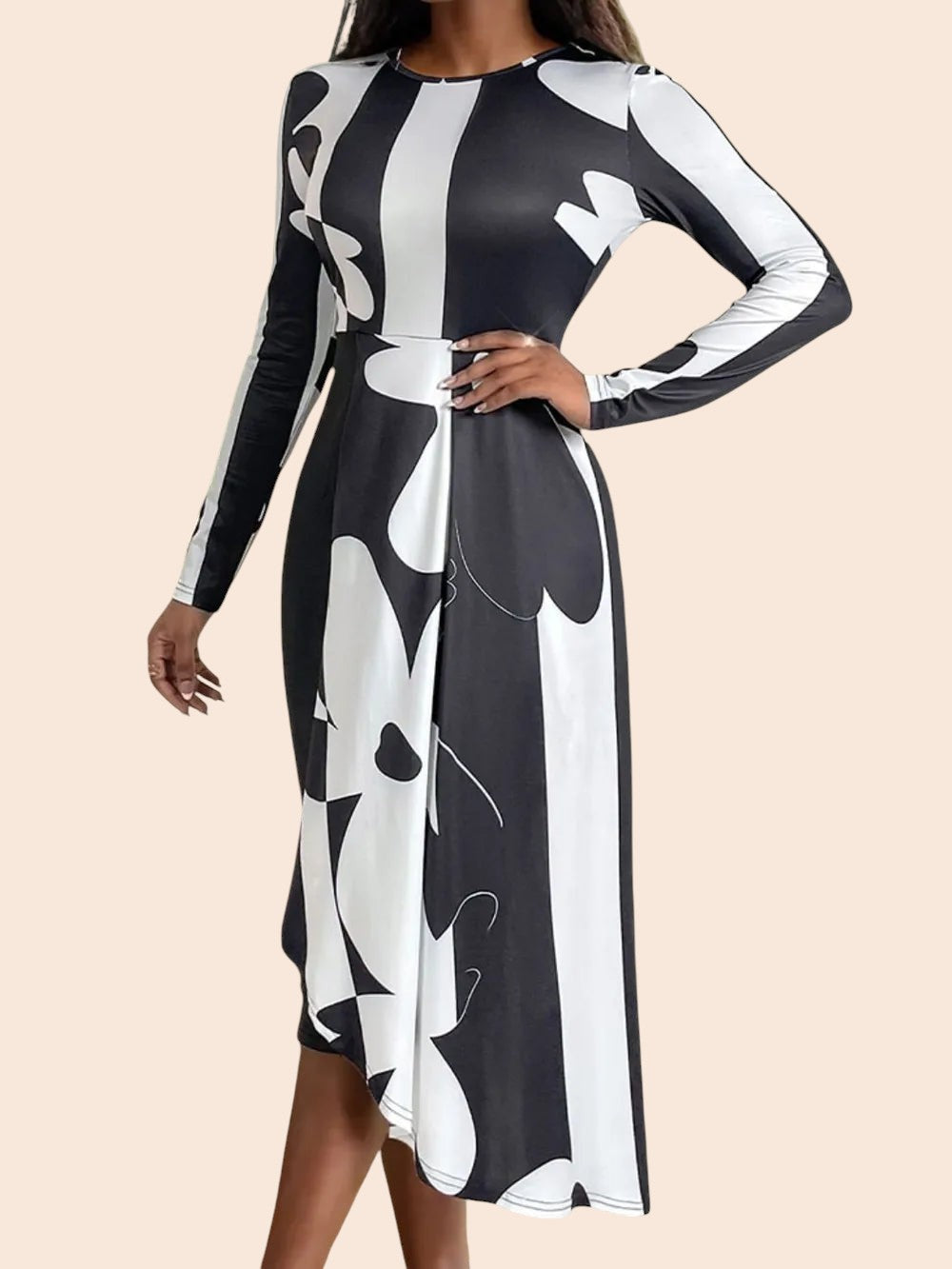 My Store monochrome abstract print midi dress with long sleeves and an asymmetric draped overlay on a model