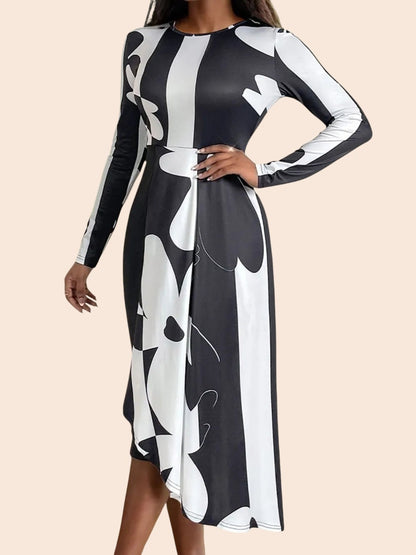 My Store monochrome abstract print midi dress with long sleeves and an asymmetric draped overlay on a model