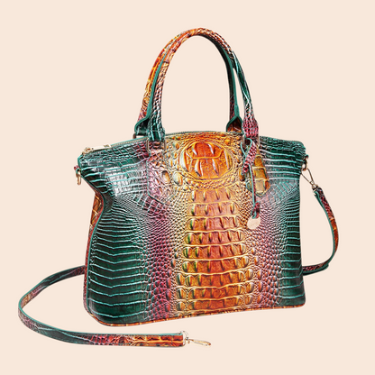 My Store Amara croc-embossed top handle handbag in a vibrant multicolor gradient finish with polished hardware.