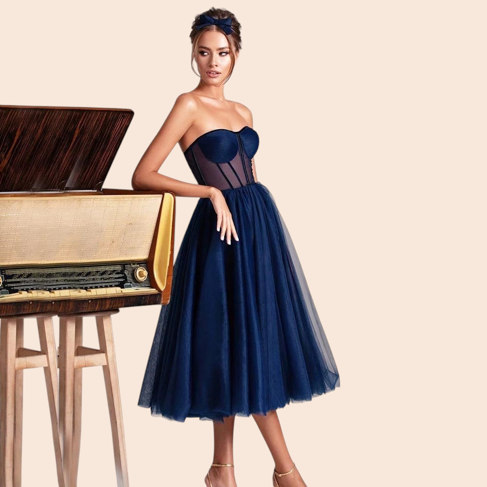 My Store Vivienne navy blue strapless corset midi dress with a voluminous tulle skirt and adjustable lace-up back.