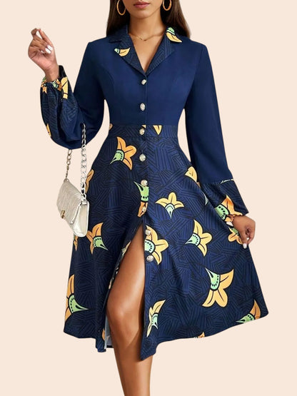 My Store navy blue midi shirt dress with yellow floral print, collared neckline, button-front, and long sleeves.