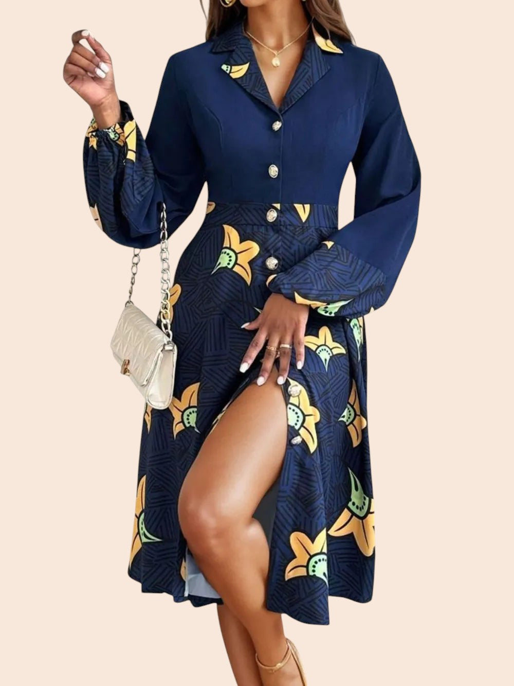 My Store navy blue midi shirt dress with yellow floral print, collared neckline, button front, and long sleeves.