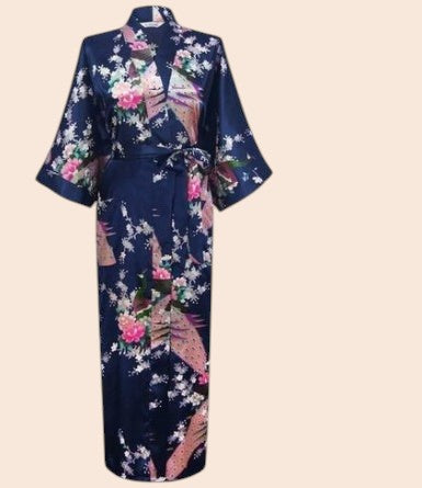 My Store navy blue satin kimono robe featuring a vibrant floral print, wide sleeves, and a self-tie waist belt.