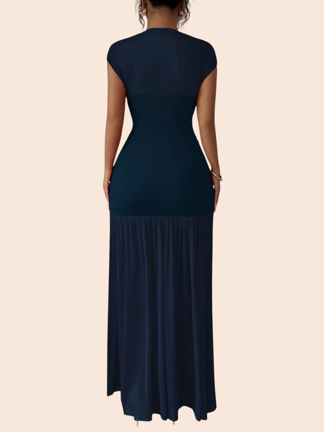 Back view of a My Store navy blue maxi dress with cap sleeves, ruched waist detailing, and a flowing drop-waist skirt.