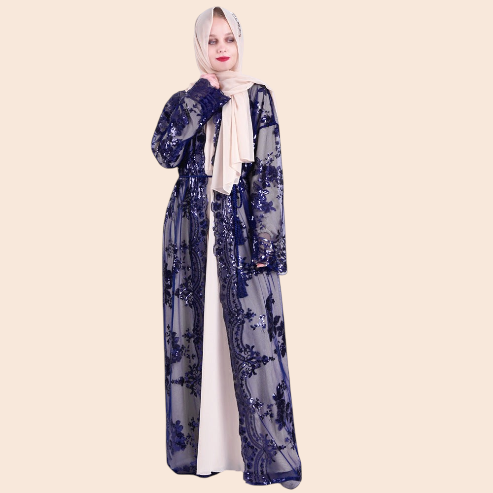 My Store Amira maxi dress in navy blue mesh with floral embroidery and sequins, worn with a matching hijab
