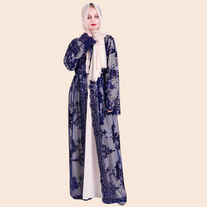 My Store Amira maxi dress in navy blue mesh with floral embroidery and sequins, worn with a matching hijab