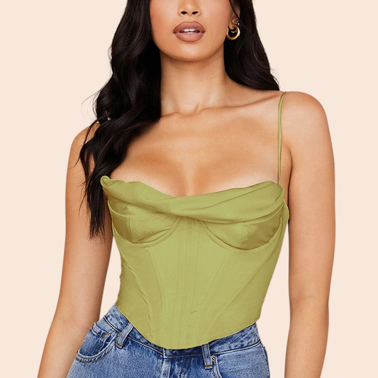 My Store olive green satin corset cami top with a draped bust, spaghetti straps, and a sculpted pointed hem.