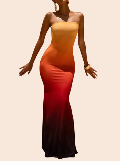 My Store strapless tube maxi dress in a vibrant yellow to deep red ombre gradient with a curve-enhancing mermaid hem