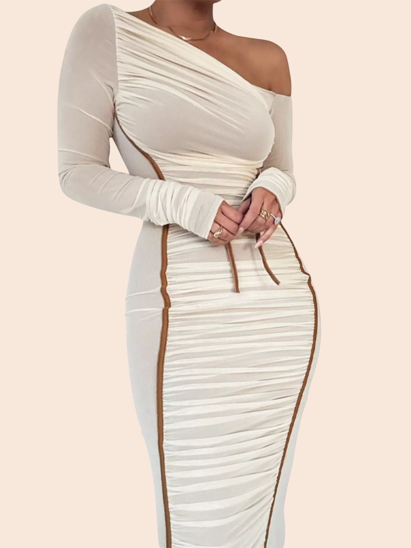 My Store one-shoulder ruched mesh midi dress in cream with brown trim and long sheer sleeve