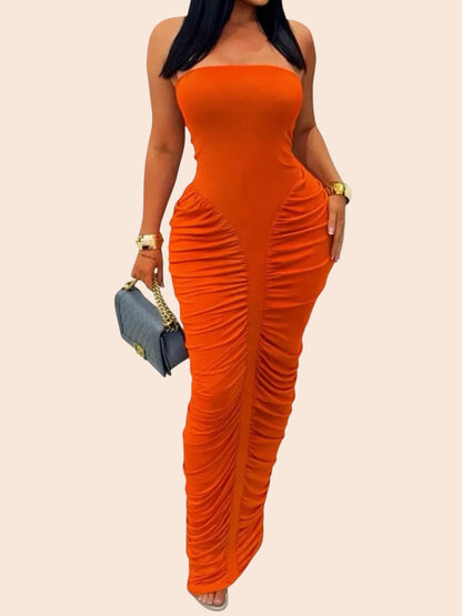 My Store orange strapless maxi dress with all-over ruching and a figure-hugging bodycon fit on a model