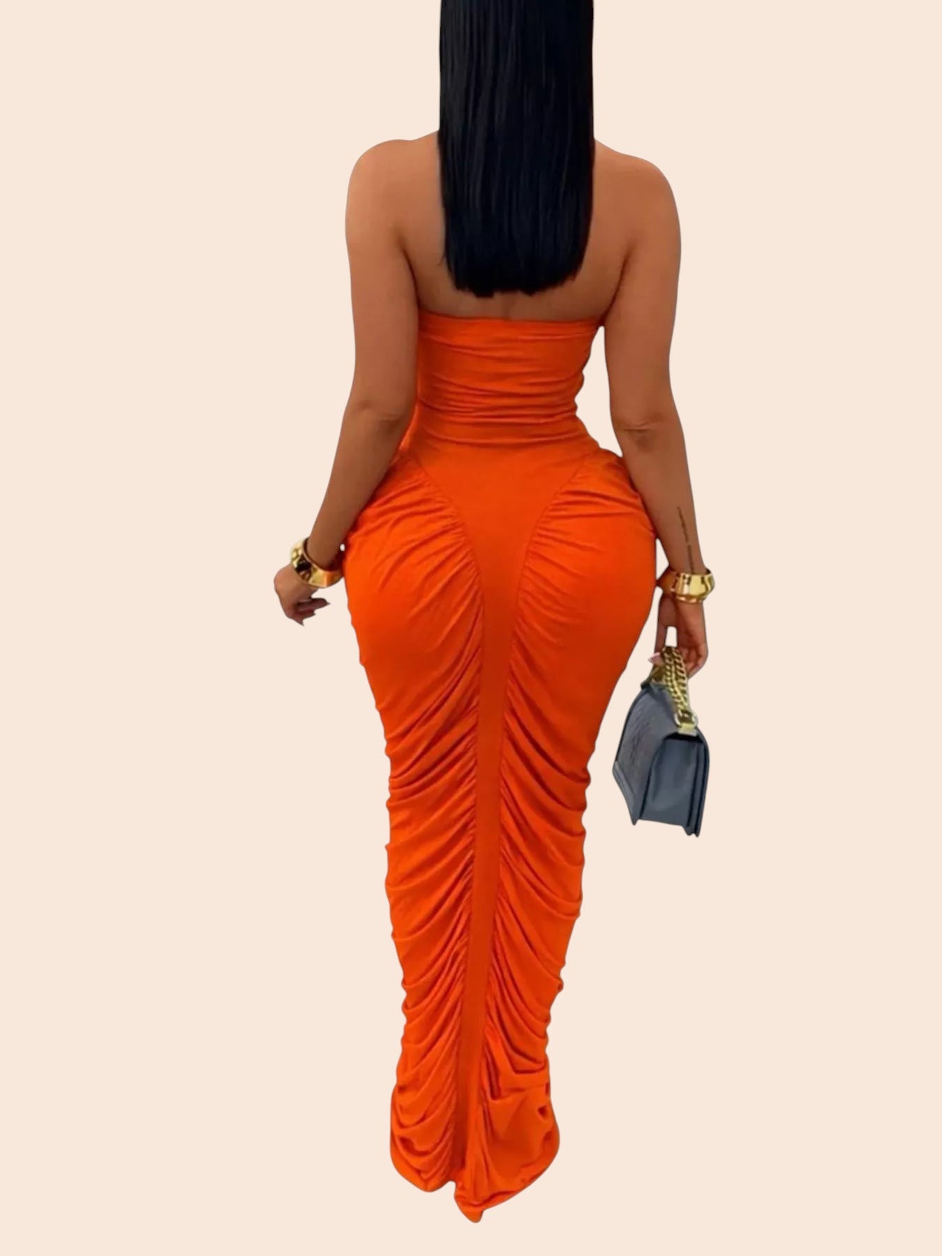 My Store orange strapless maxi dress with all-over ruching and a figure-hugging bodycon fit, back view.