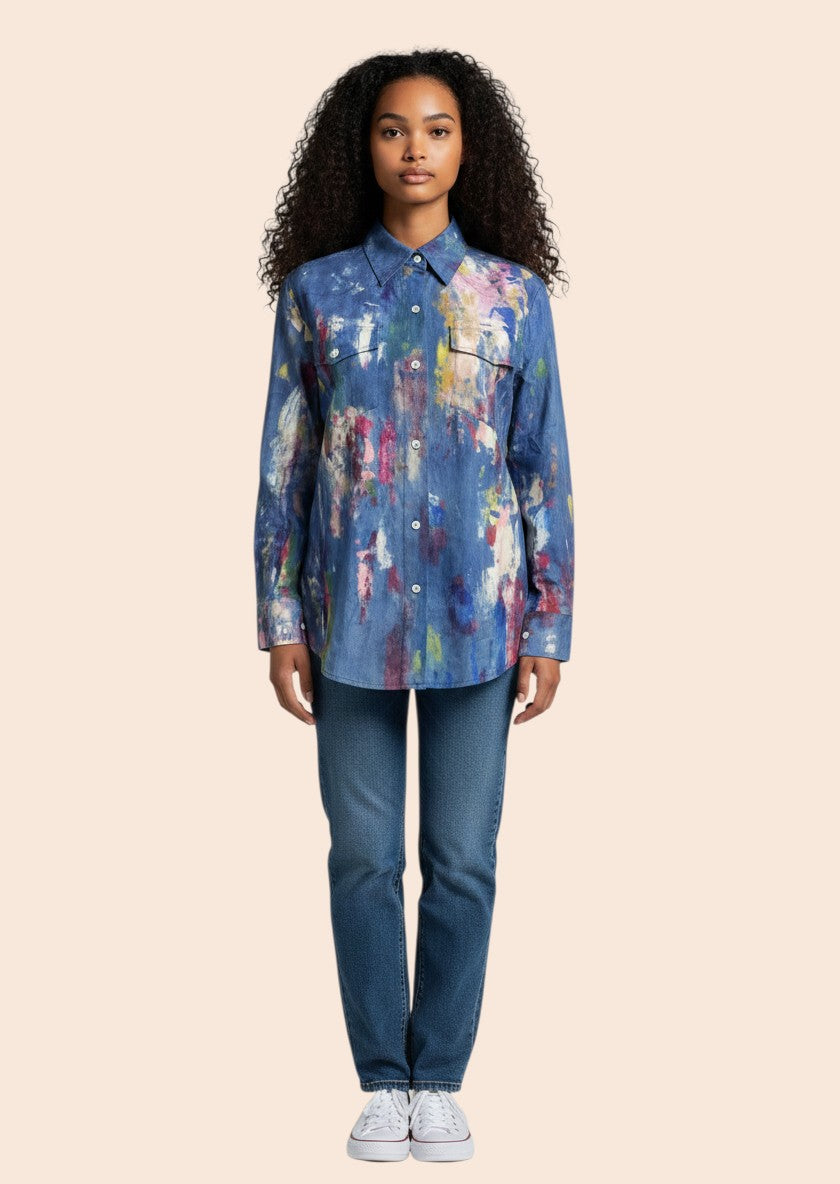 My Store blue denim long sleeve shirt with abstract paint print and white buttons. Relaxed fit.