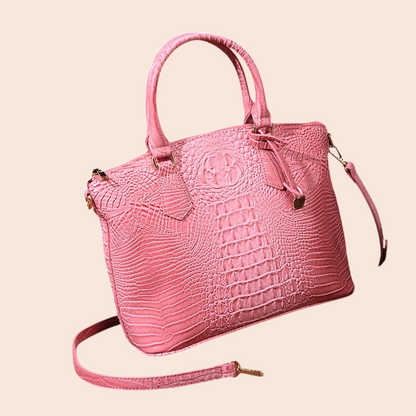 My Store Amara pink croc-embossed top handle handbag with a structured retro silhouette and detachable shoulder strap.