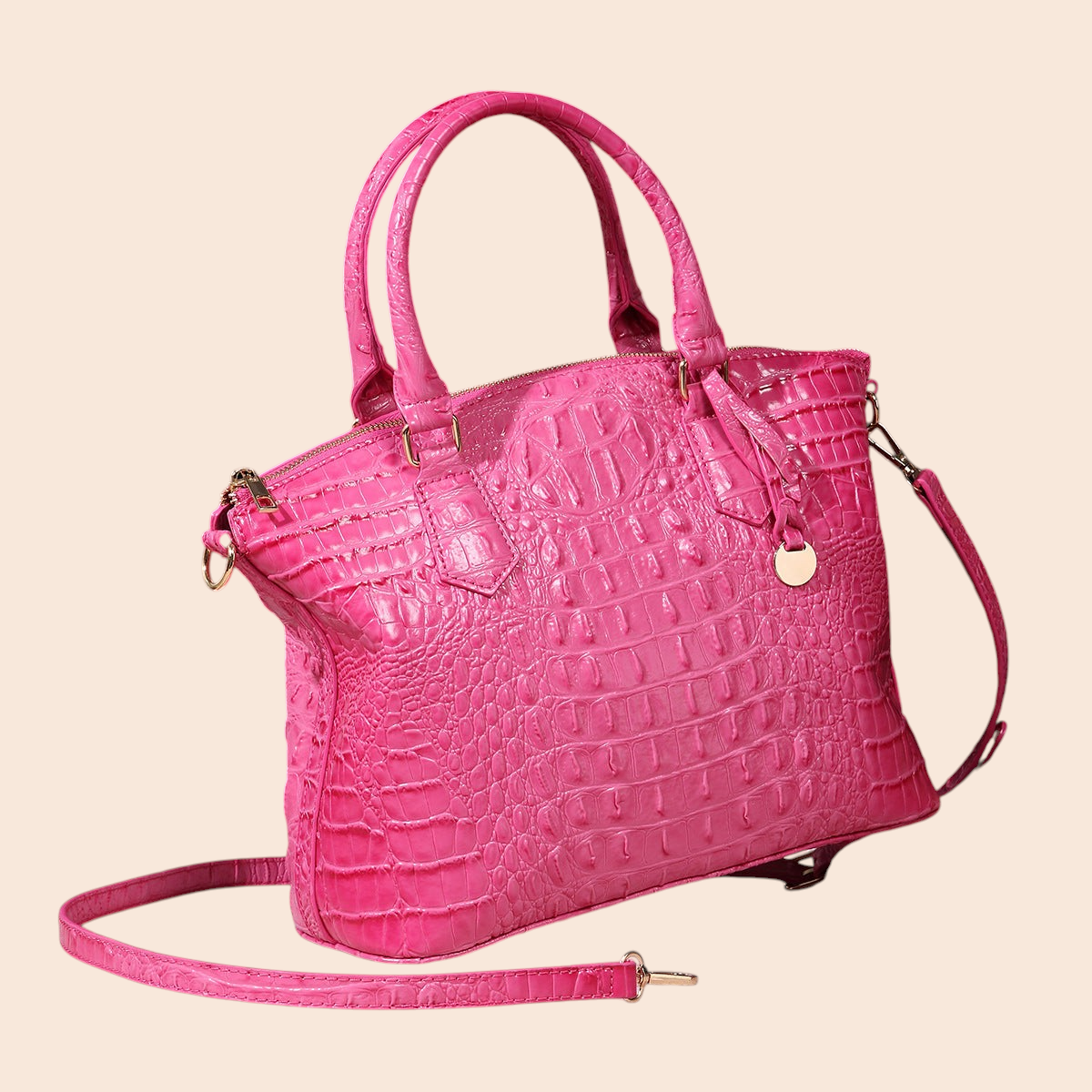 My Store Amara hot pink crocodile-embossed top handle handbag with a detachable shoulder strap and gold hardware.