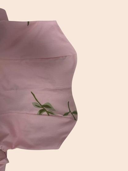 My Store strapless midi dress in light pink with a delicate green floral print and structured bodice