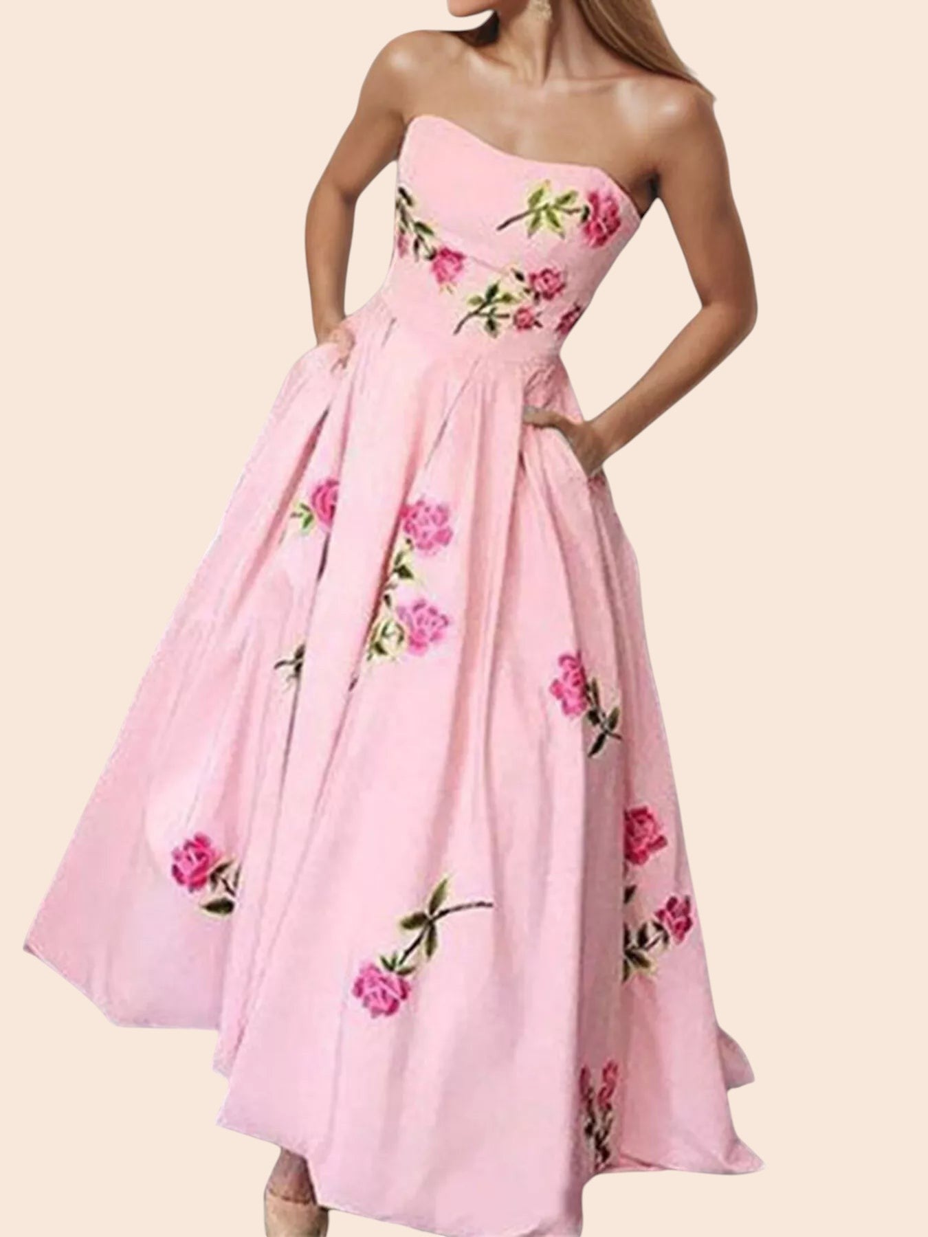 My Store pink strapless midi dress with floral print, fitted bodice, A-line skirt, and side pockets.