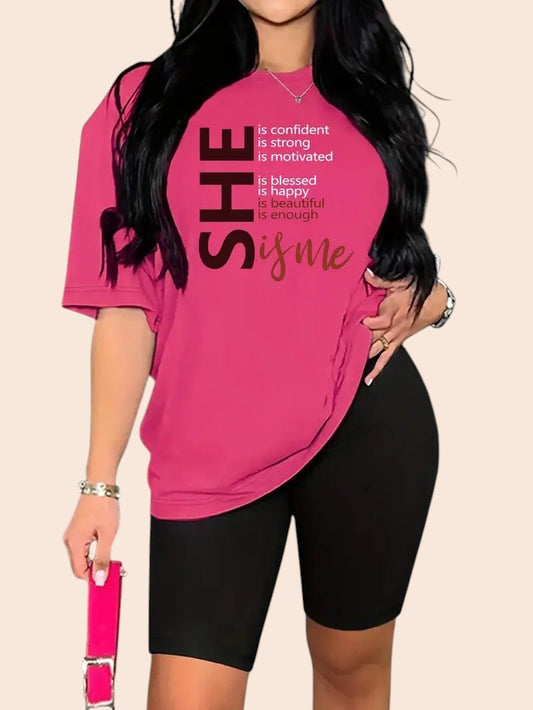 My Store pink polyester drop shoulder t-shirt with inspirational graphic print worn by a woman