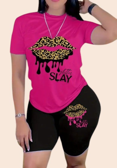 My Store pink drop shoulder t-shirt with leopard print lips graphic and matching black biker shorts set