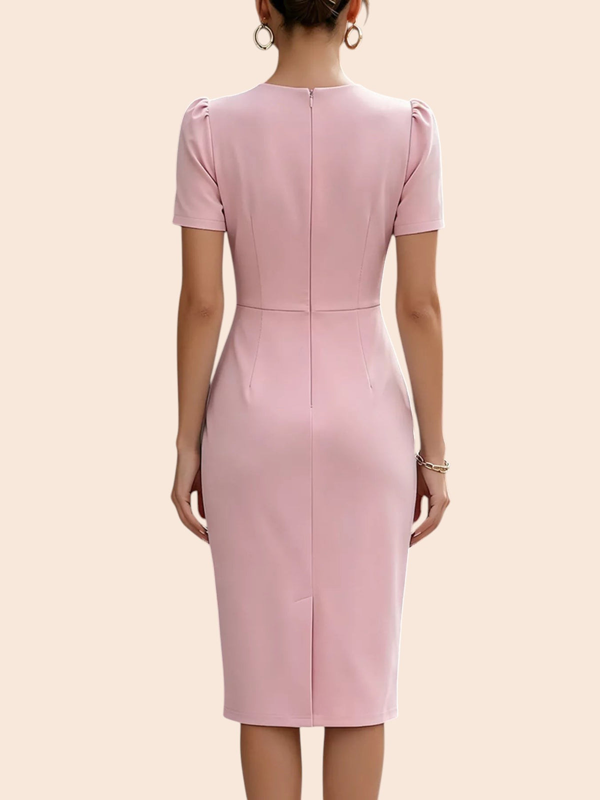 Back view of a My Store pink midi dress with short sleeves, a pencil skirt, and a back zipper closure.