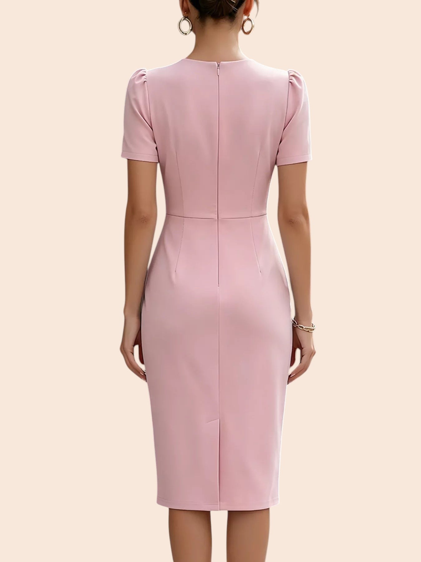 Back view of a My Store pink midi dress with short sleeves, a pencil skirt, and a back zipper closure.