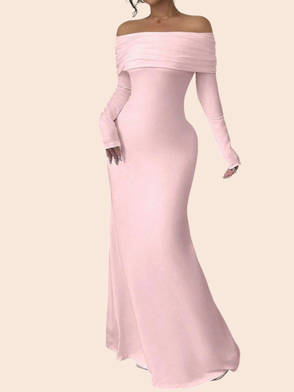 My Store light pink off-the-shoulder maxi dress with long sleeves and a curve-skimming silhouette for formal events.
