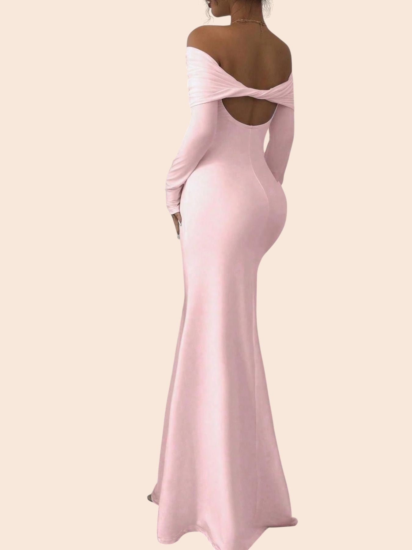 My Store light pink off-shoulder maxi dress with long sleeves and a dramatic twisted back cutout detail