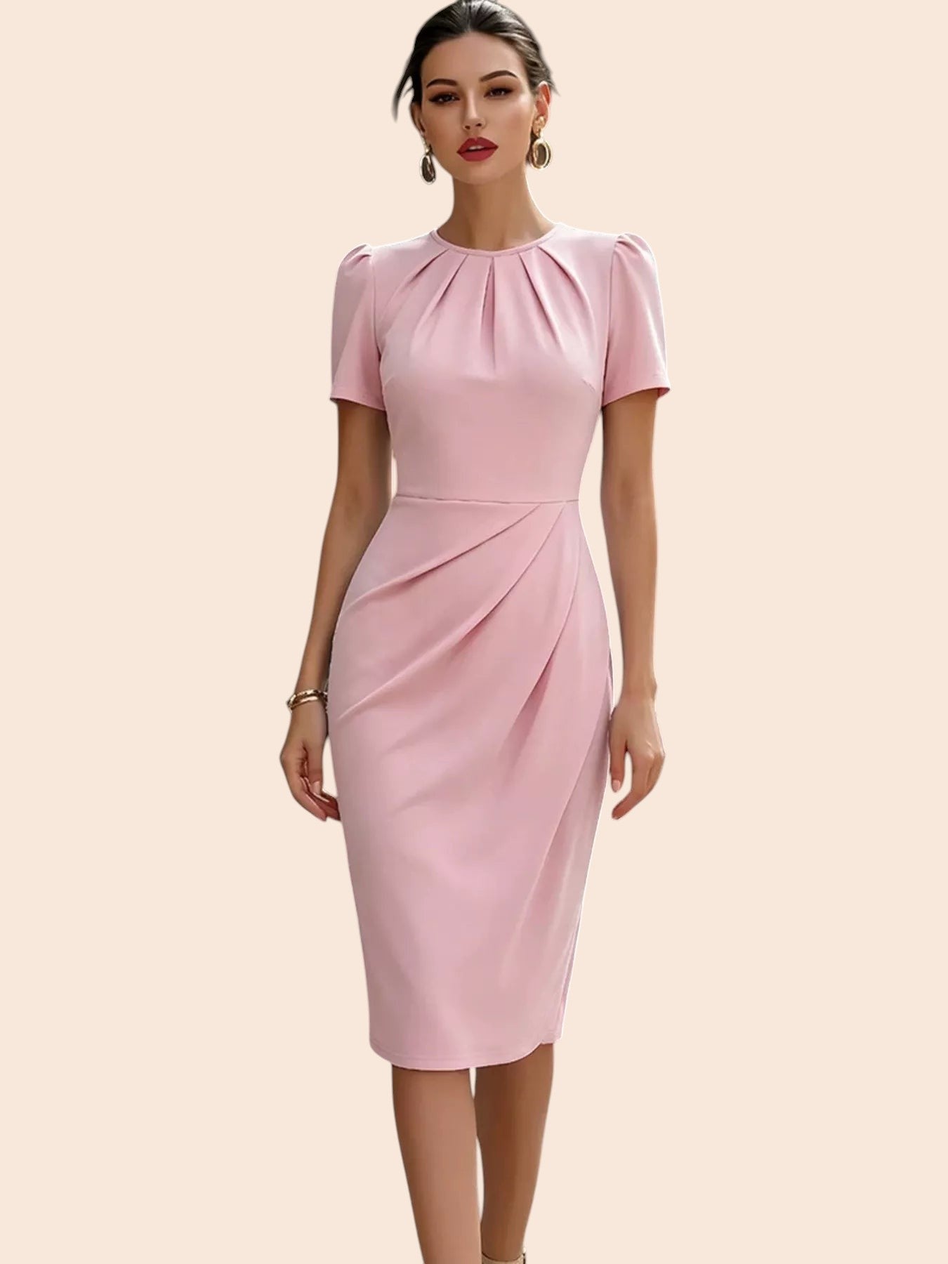 My Store light pink midi dress with short sleeves, pleated neckline, and a fitted pencil skirt silhouette.