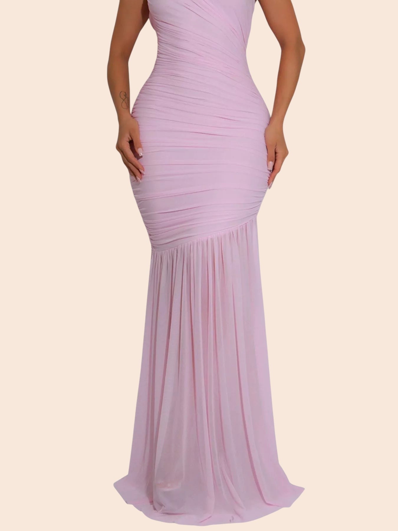 My Store light pink one-shoulder ruched mermaid maxi dress with a fitted bodice and floor-length skirt