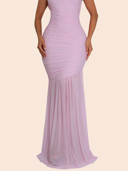 My Store light pink one-shoulder ruched mermaid maxi dress with a fitted bodice and floor-length skirt