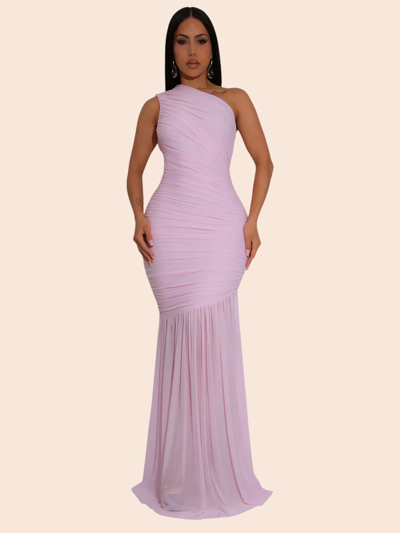 My Store light pink one-shoulder ruched mermaid maxi dress worn by a model for a formal evening event.