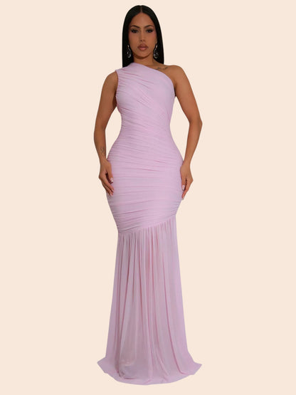 My Store light pink one-shoulder ruched mermaid maxi dress worn by a model for a formal evening event.