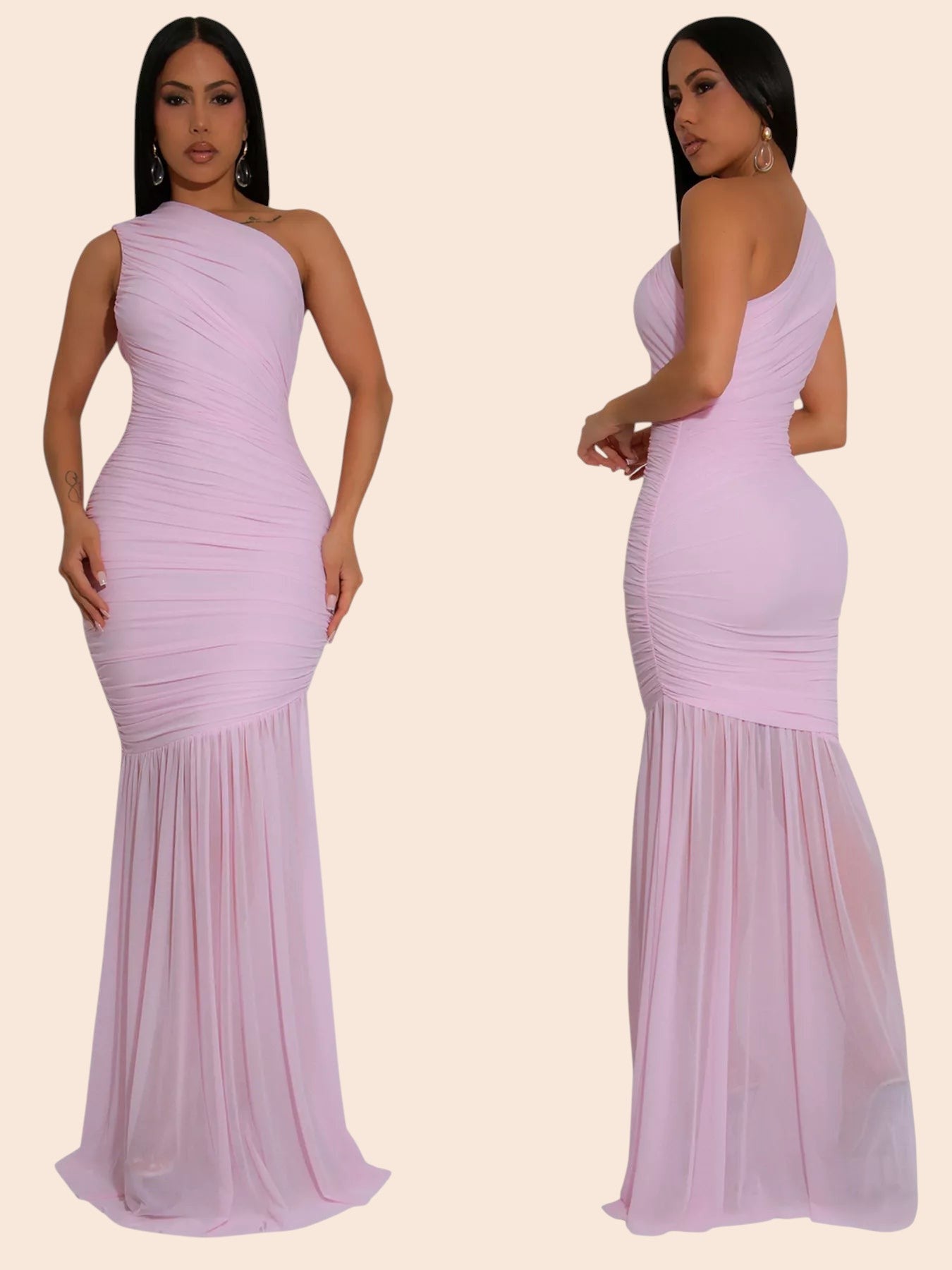 My Store light pink one-shoulder ruched mermaid maxi dress worn by a model in front and side views
