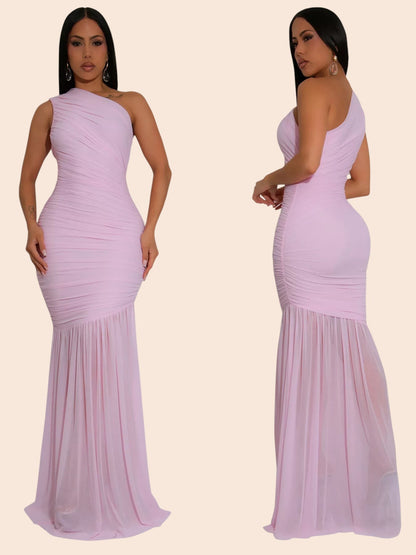 My Store light pink one-shoulder ruched mermaid maxi dress worn by a model in front and side views