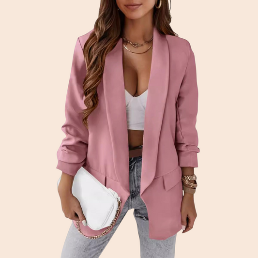 My Store dusty pink slim-fit blazer with ruched sleeves, open-front design, and lapel collar worn over a white top.