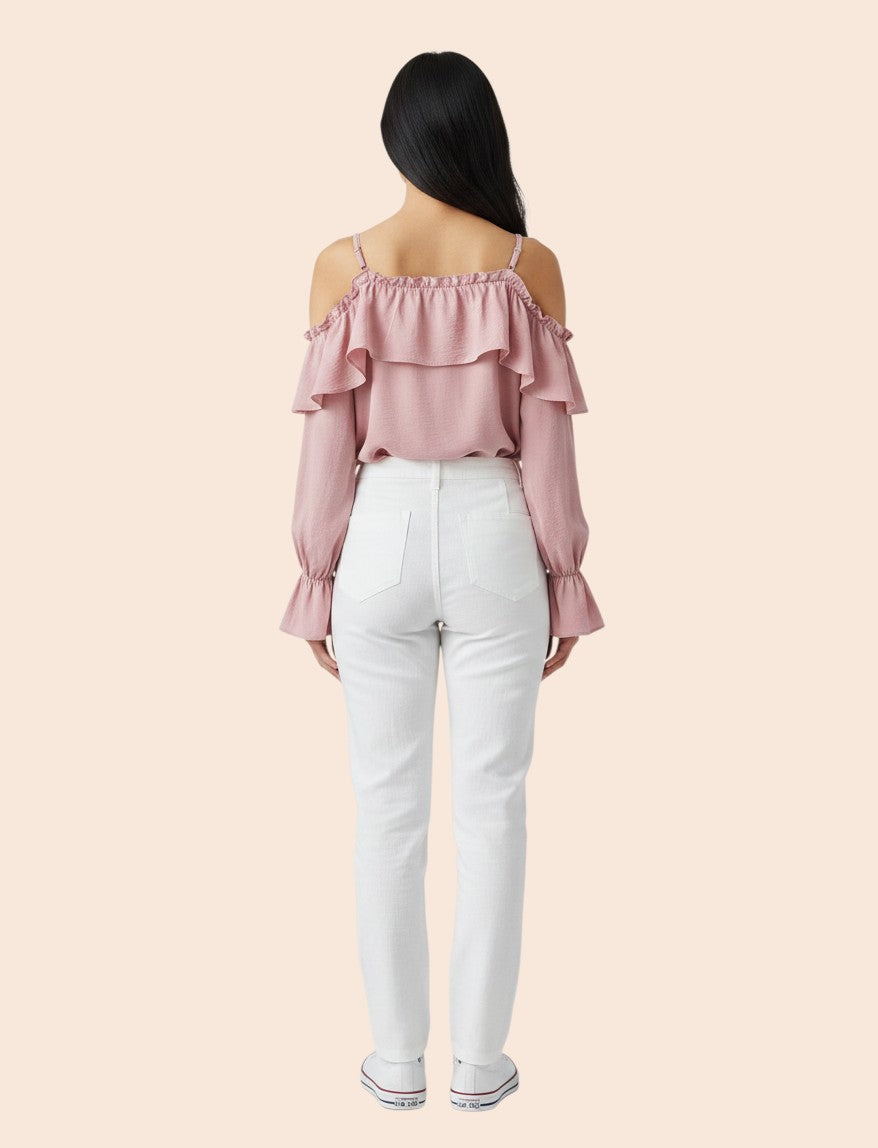 My Store pink off-the-shoulder ruffled long-sleeve top made of cotton and hemp blend.