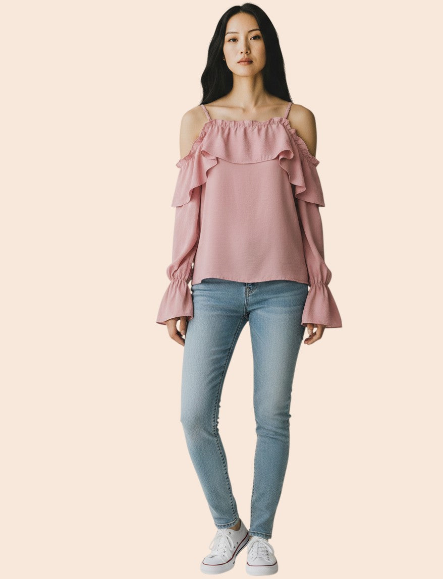 My Store pink off-the-shoulder ruffle top with spaghetti straps and bell sleeves, made of cotton and hemp.