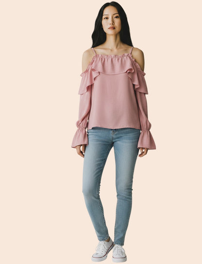 My Store pink off-the-shoulder ruffle top with spaghetti straps and bell sleeves, made of cotton and hemp.