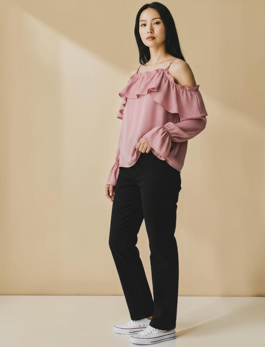 My Store pink off-shoulder ruffle top with spaghetti straps and flared bell sleeves, made of cotton and hemp blend.