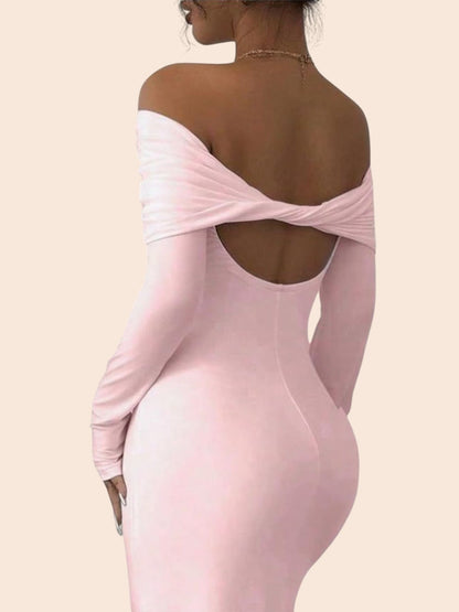 My Store light pink off-shoulder maxi dress featuring a twisted back cutout and long sleeves on a model