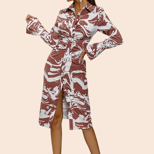 My Store printed midi dress with flare sleeves, button-front, lapel collar, and front slit in a brown marble pattern.
