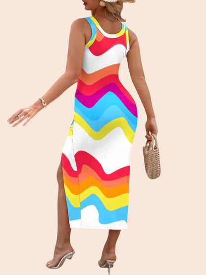 My Store printed midi dress with vibrant wavy stripes, scoop neckline, and adjustable side drawstring slit.
