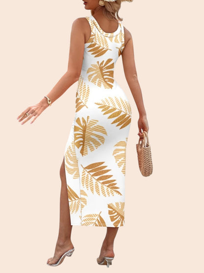 My Store printed midi dress with gold leaf pattern, scoop neckline, and side drawstring slit on a model