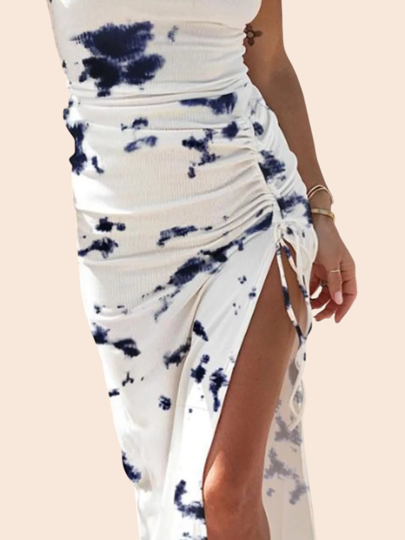My Store printed midi dress in white with blue tie-dye, featuring adjustable side ruching and a drawstring slit.