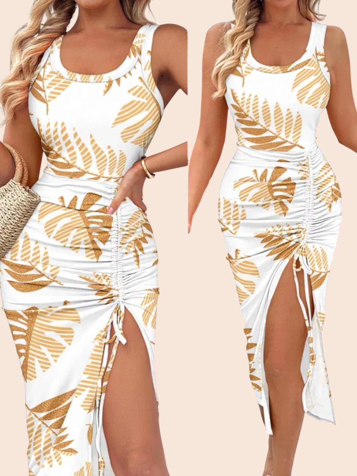 My Store sleeveless midi dress in white with gold leaf print, featuring adjustable side ruching and a drawstring slit.
